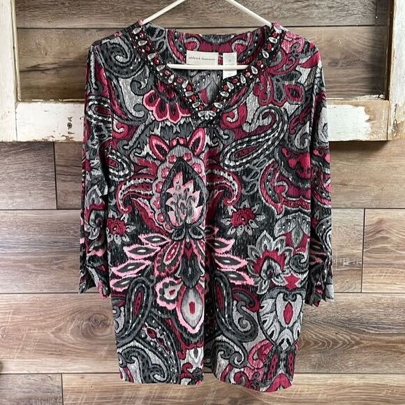 Alfred Dunner Ladies Beaded Neck Dress Top, Size Small, Pink, Gray and Black - Picture 1 of 6